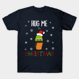 Hug Me It's Christmas - Cute Cactus With Christmas Scarf T-Shirt